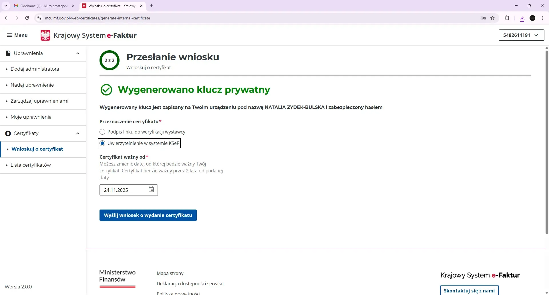 Wniosek o wydanie certyfikatu KSEF 2 STR.webp