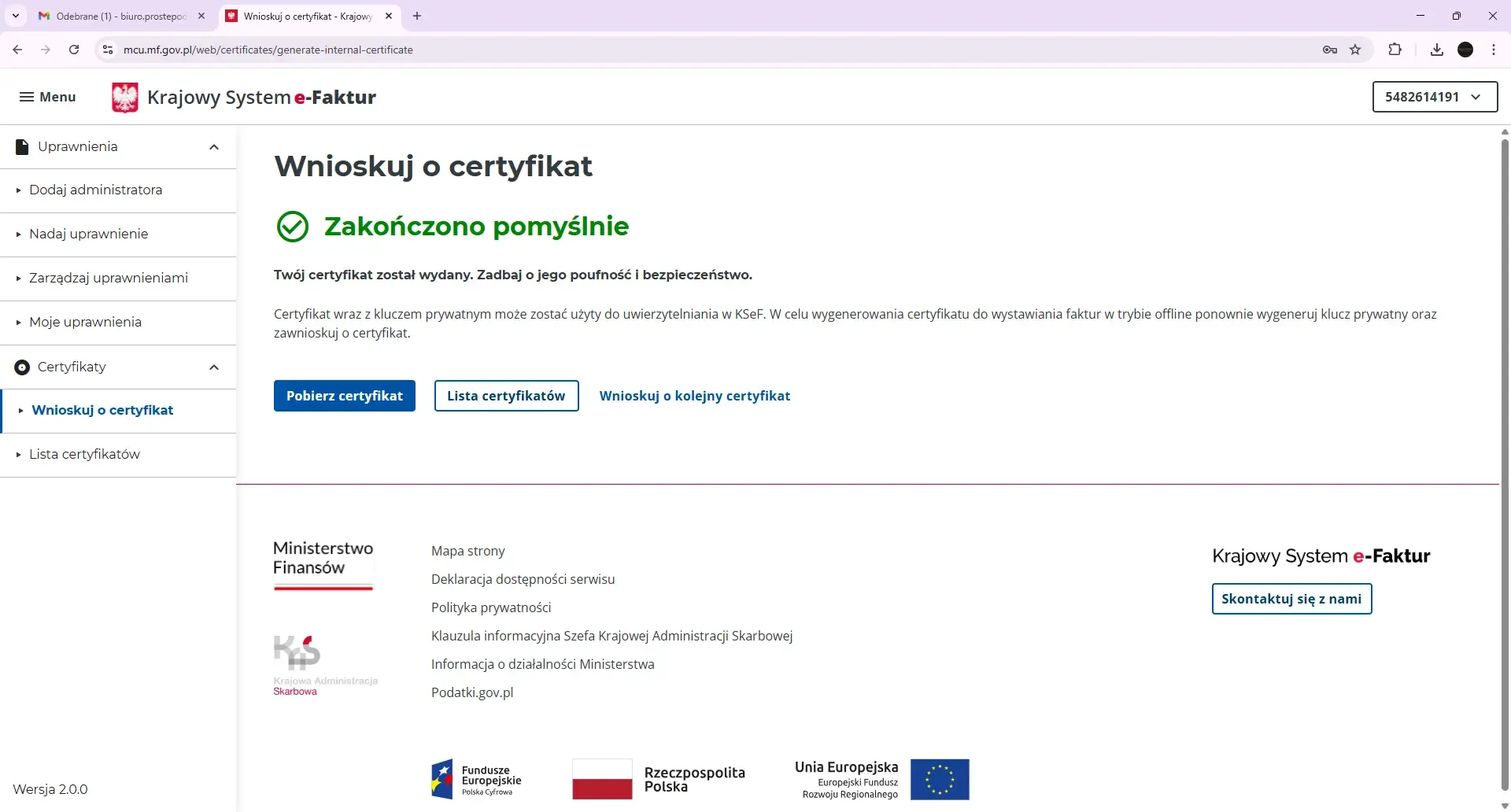 Wniosek o wydanie certyfikatu KSEF POMYŚLNE ZAKOŃCZENIE.webp
